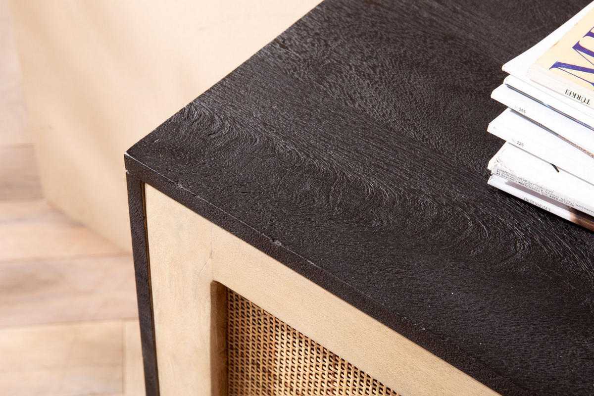 SIDEBOARD – Mango Massivholz/Rattan, 145x75x40 cm, 2 Türen, schwarz/braun, mit Regal - Schwarz, Holz/Metall (145/75/40cm) - KADIMA DESIGN