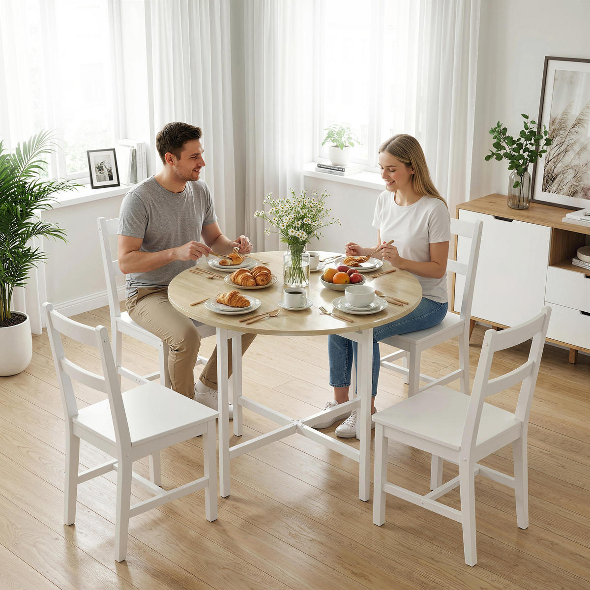 KLAPPBARER-ESSTISCH Spanplatte-Stahl Naturholz - Weiß/Naturfarben, Holzwerkstoff/Metall (80/80/76cm) - HOMCOM