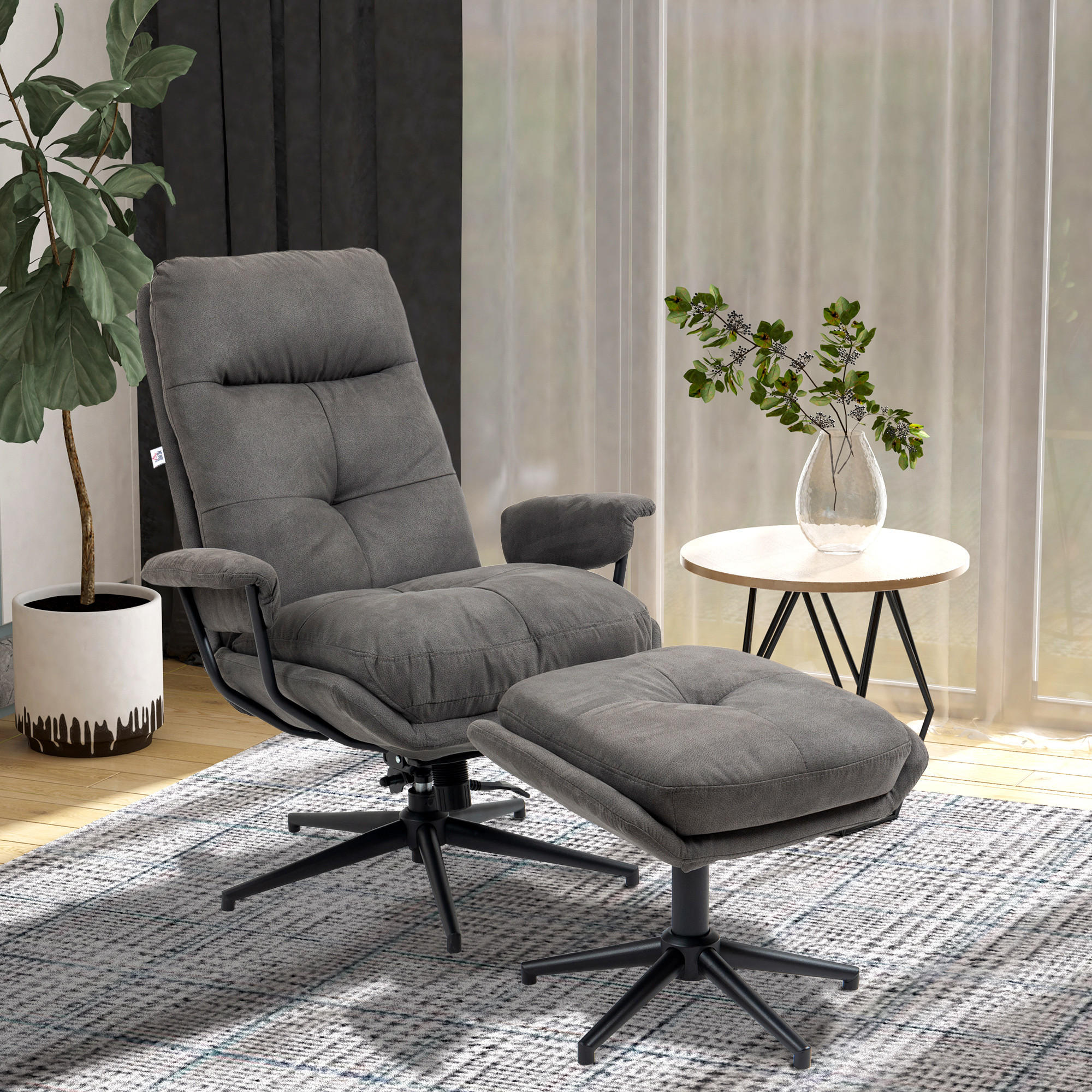 RELAXSESSEL mit Hocker, Drehbarem Fuß Fernsehsessel mit Liegefunktion Polyester - Dunkelgrau, Metall (91/103.5/78cm) - HOMCOM