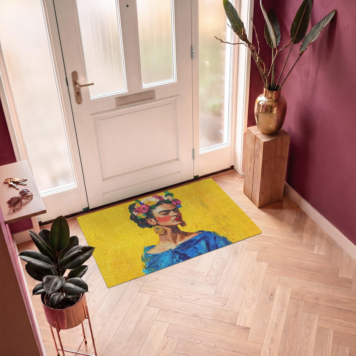 ROHOŽKA Frida Kahlo - Žena - Žlutá - Modrá - Květiny 120x80 cm - žlutá, textil/umělá hmota (120/0.4cm) - MuchoWow