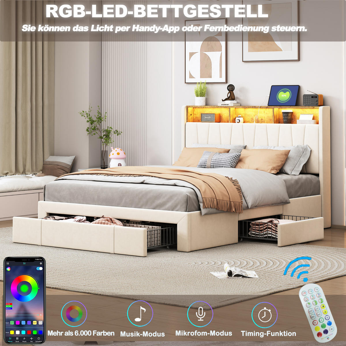 POLSTERBETT 140x200 cm, Beige, mit 3 Schubladen, USB & Typ C, LED - Beige, Textil/Metall (140/200cm)