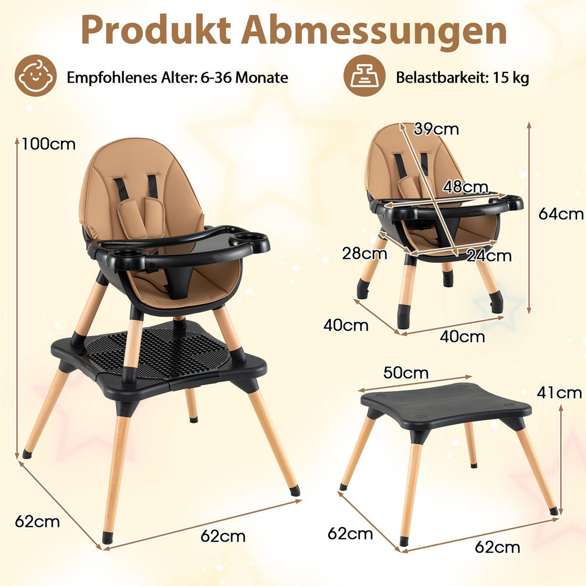 KINDERHOCHSTUHL mit Bausteintisch braun - Braun, Kunststoff (62/100/62cm) - COSTWAY