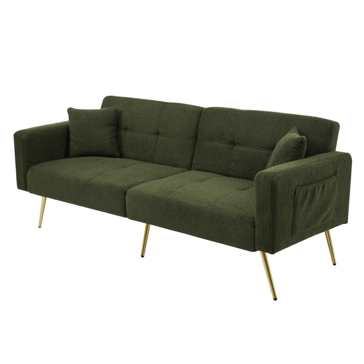 SCHLAFSOFA mit Bettfunktion und seitlichen Aufbewahrungstaschen Lammwolle Antikgrün 175/64/72 cm - Grün, Kunststoff (175/72/64cm) - OKWISH