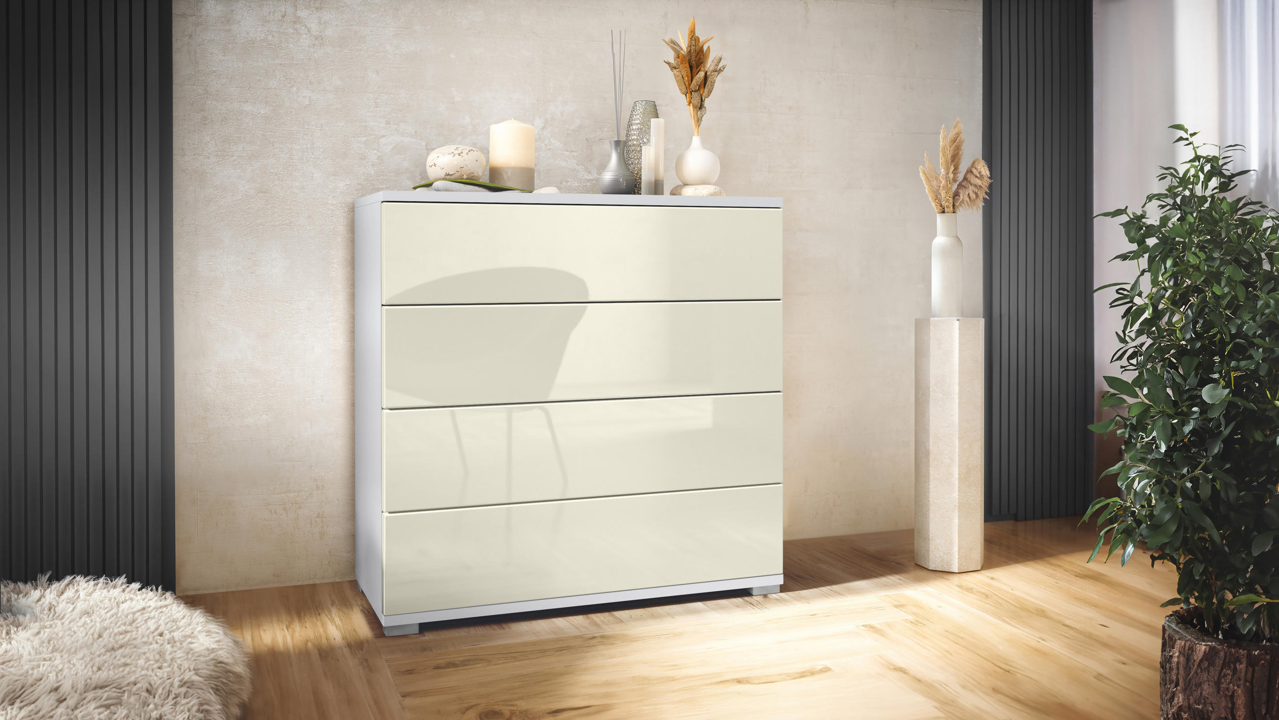 KOMMODE Pavos Creme Hochglanz - Creme, Holzwerkstoff (76/76/35cm) - Vladon