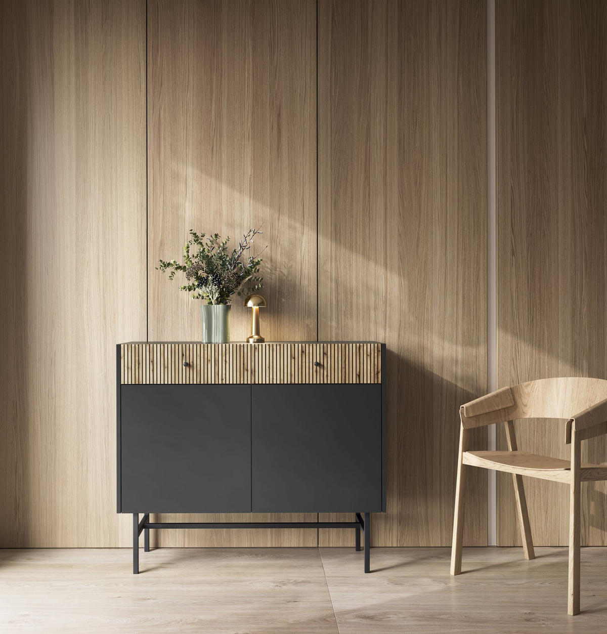 SIDEBOARD Divenos Schwarz / Holzoptik Eiche 104 cm - Eichefarben/Schwarz, Holzwerkstoff/Metall (104.4/89.4/39cm) - Selsey
