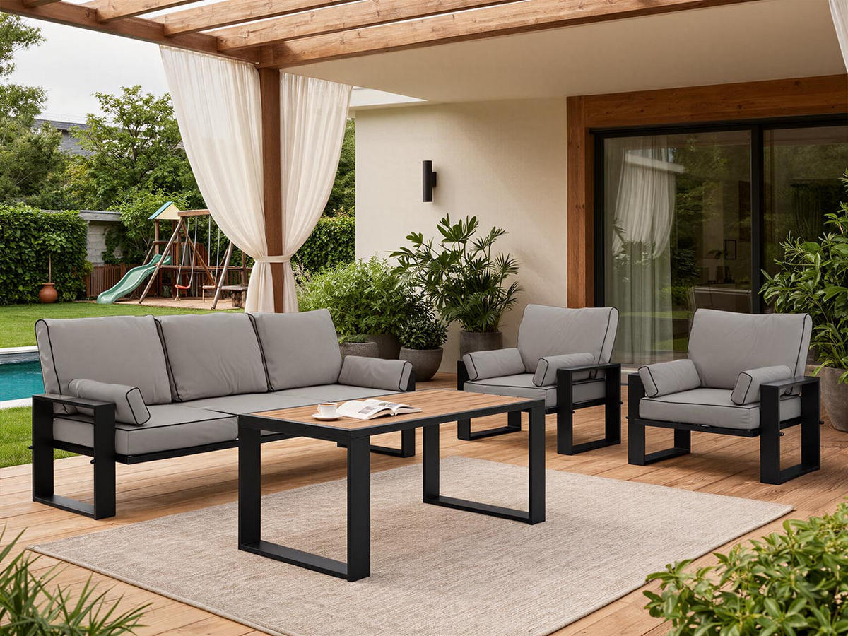 GARTENMÖBEL-SET ELBA: 1x Tisch, 1x Sofa, 2x Sessel - Grau - Grau, Textil - MKS