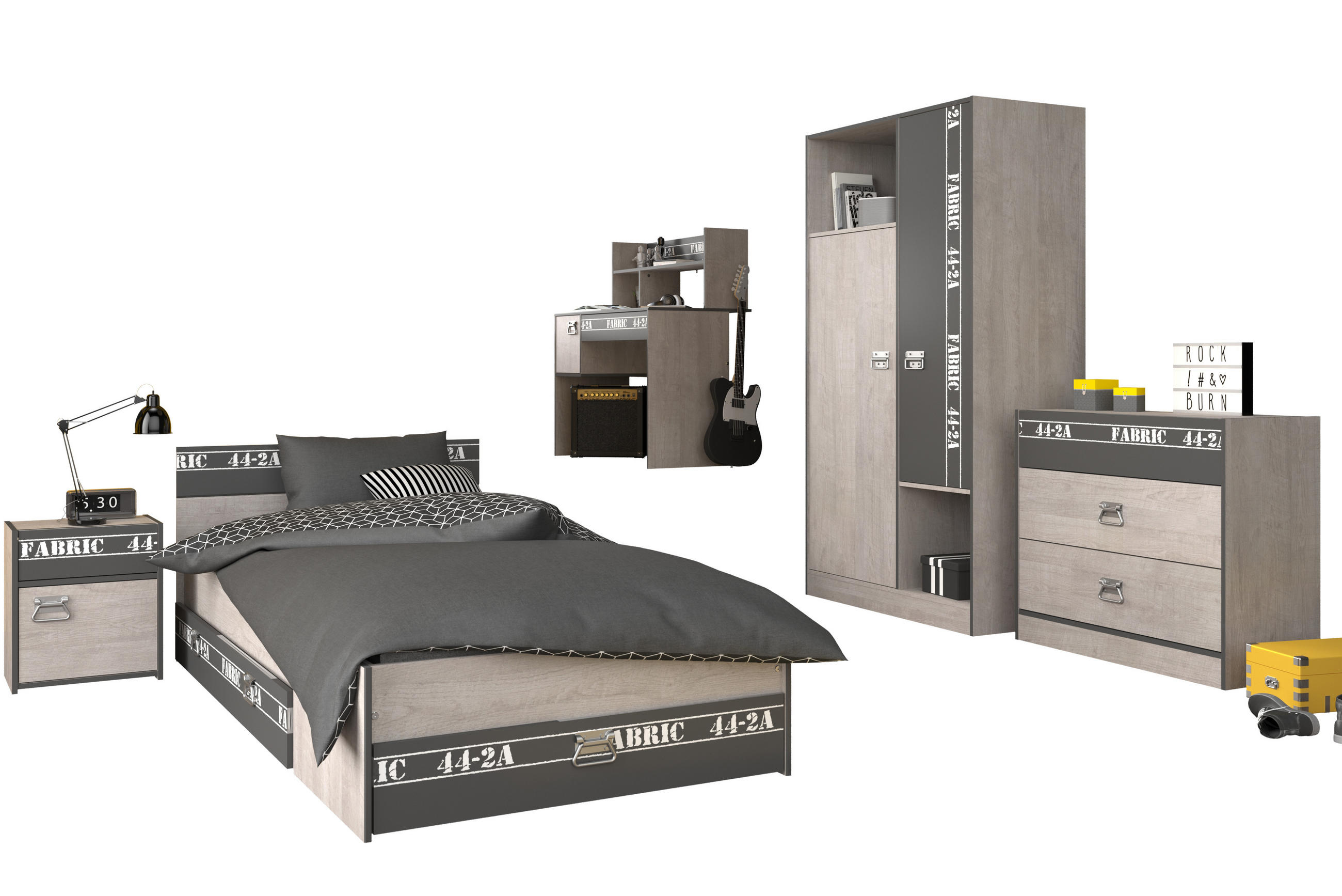 JUGENDZIMMER Fabric 11 in Esche und Grau 6 teilig - Braun, Holzwerkstoff (120/200/80cm)