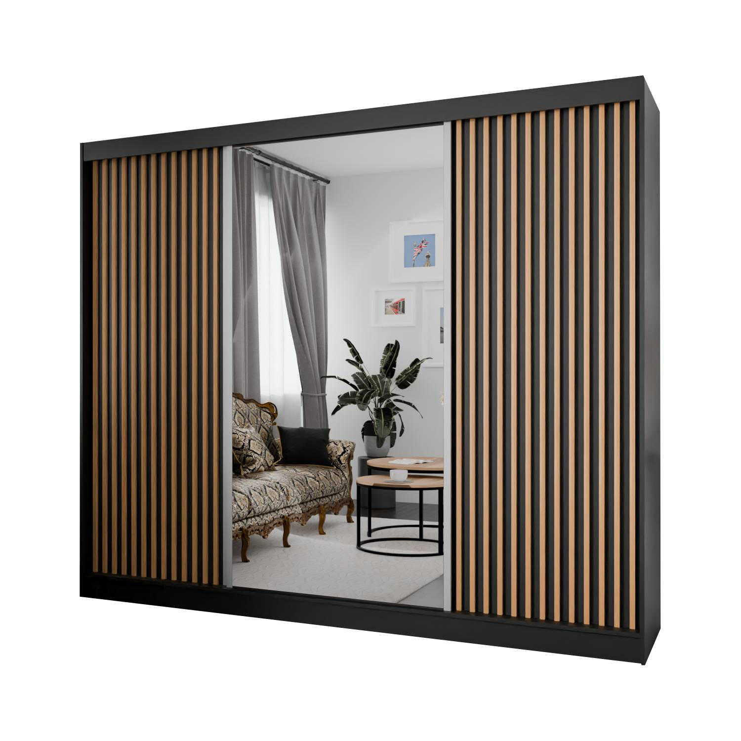 Meblini Schiebetürenschrank Schwarz, Eiche Wotan 250x215x61 cm