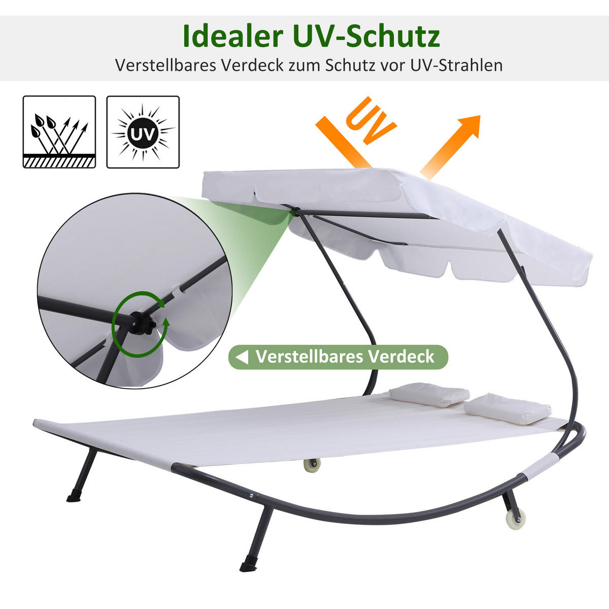 DOPPELLIEGE Sonnenliege Relaxliege rollbar mit Dach Stahl Cremeweiß - Creme, Kunststoff/Textil (175/134/200cm) - Outsunny
