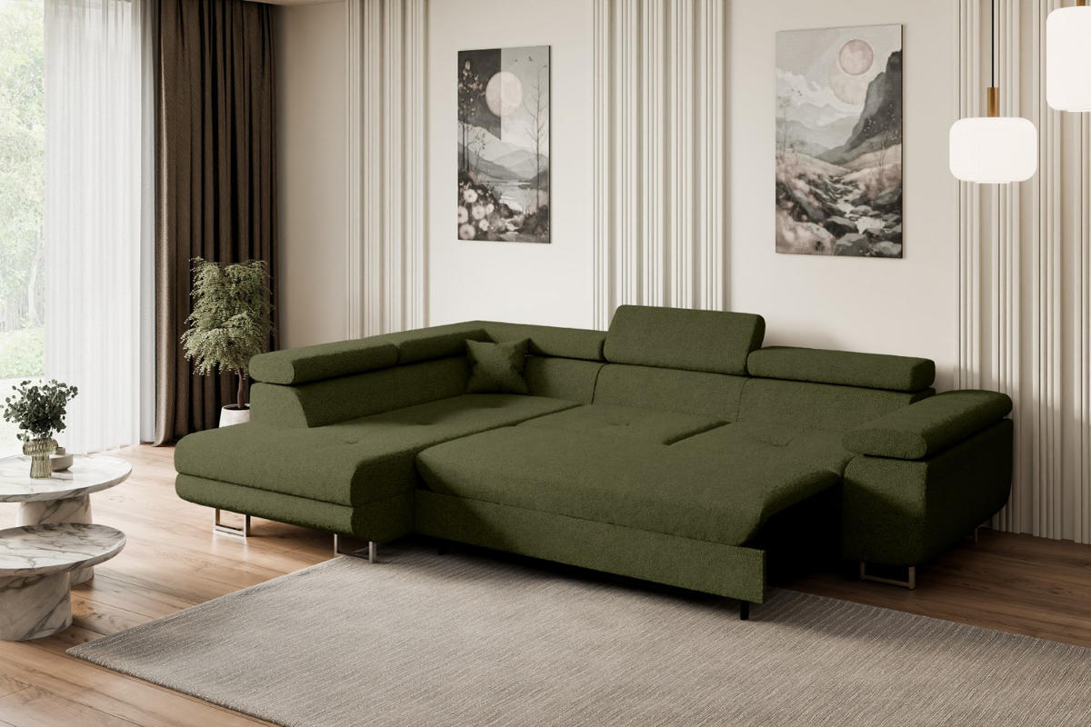 ECKSOFA mit Schlaffunktion und Bettkasten GUSA-L 272x202x107 cm Grün Bouclé - Silberfarben/Grün, Holzwerkstoff/Textil (202/272cm) - ALTDECOR