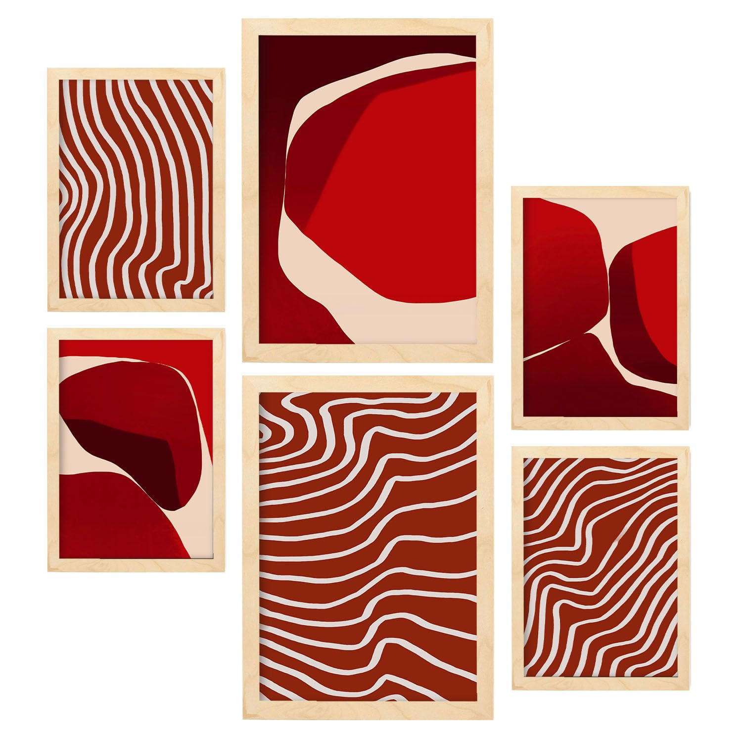 POSTER Set Mit 6 Rote Steine In Form Abstracts Ästhetische Dekorative Gemälde Für Ihr Wohnzimmer, Schlafzimmer, Zuhause A3 & A4 Rahmen Aus Hellem Holz - Beige, Papier (29/3cm) - Nacnic