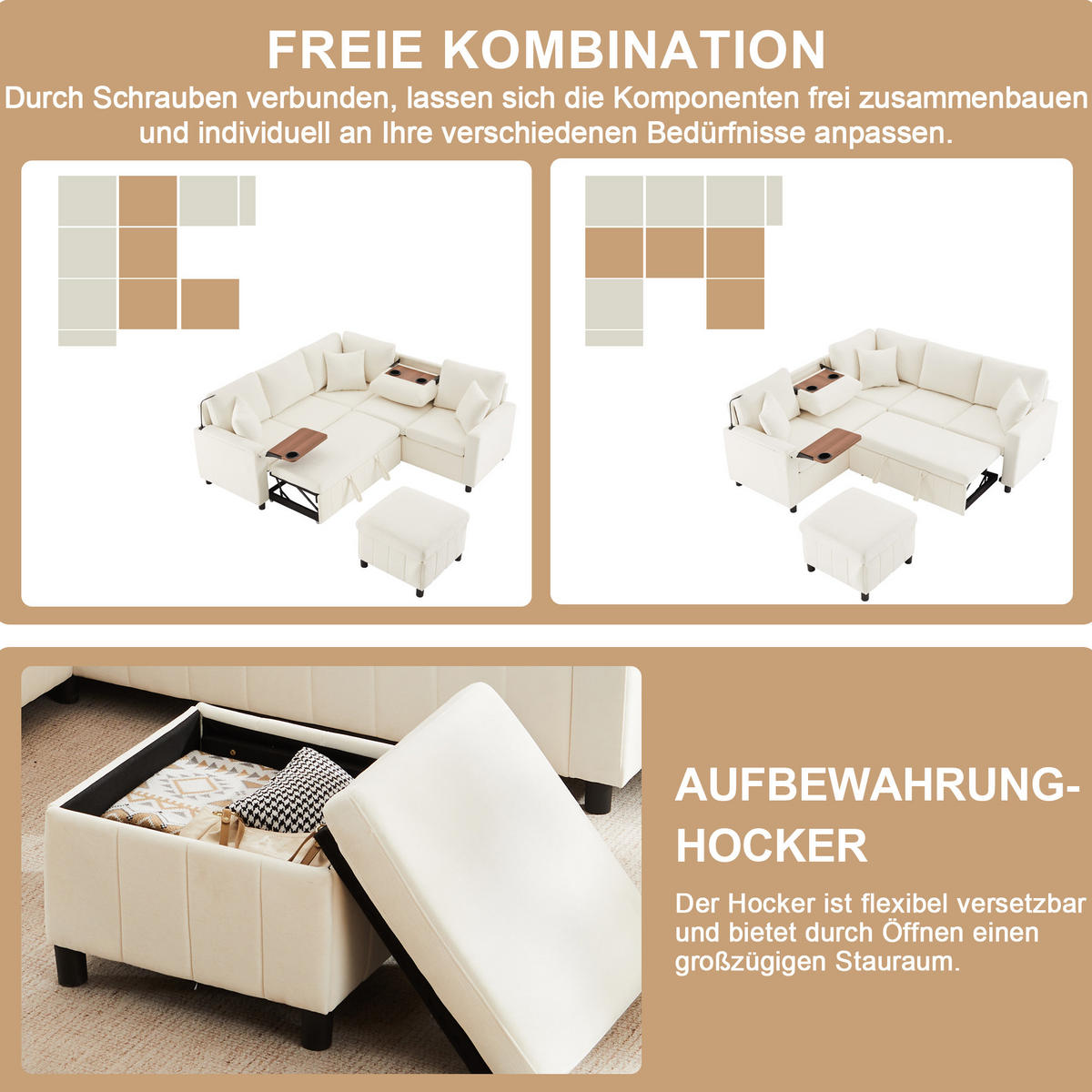 ECKSOFA Chenille mit Schlaffunktion, Hocker und USB-Anschluss 205/205/85 cm Beige - Beige, Textil (205/205cm) - Redom