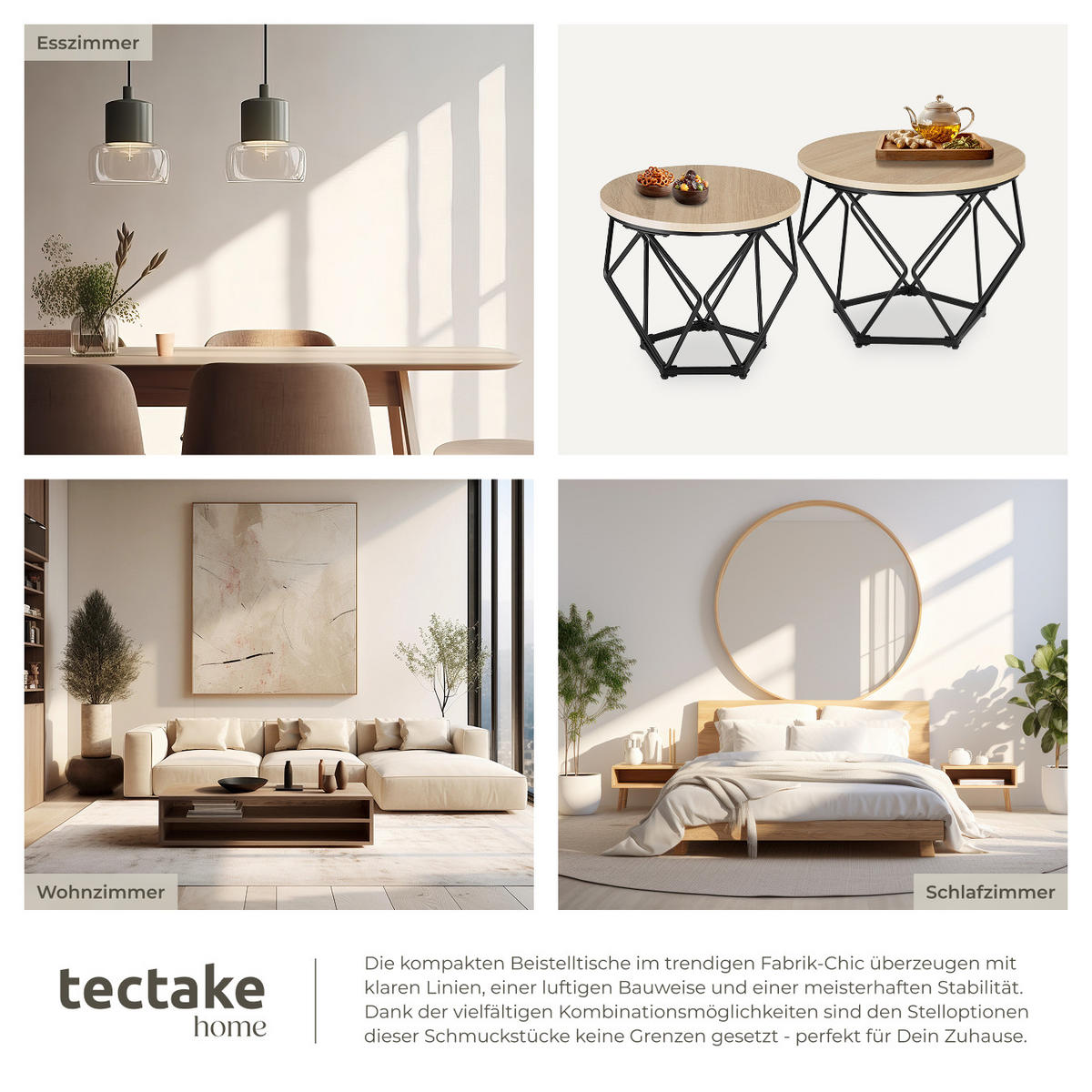 COUCHTISCH 2er Set Benham, mit höhenverstellbaren Kunststofffüßen, Industrial Holz hell, Eiche Sonoma - Naturfarben, Holzwerkstoff (50/50/40cm) - tectake