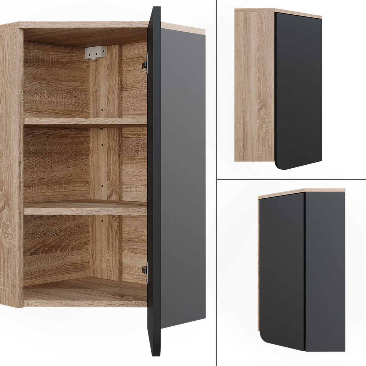 ECKHÄNGESCHRANK Karen Anthrazit 50 x 75 cm mit Tür und offenen Fächern - Anthrazit/Sonoma Eiche, Holzwerkstoff (42.4/75/42.4cm) - Vicco