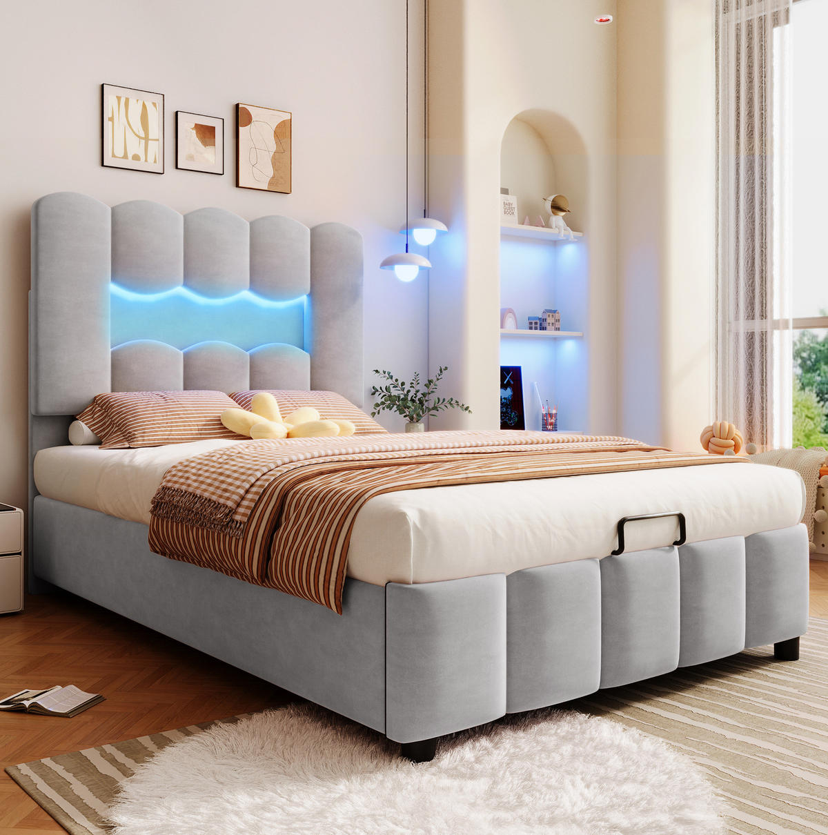 POLSTERBETT aus Samt 90x200 cm Grau mit LED-Beleuchtung, verstellbarem Kopfteil und hydraulischem Bettkasten - Grau, Textil (90/200cm) - Modfu