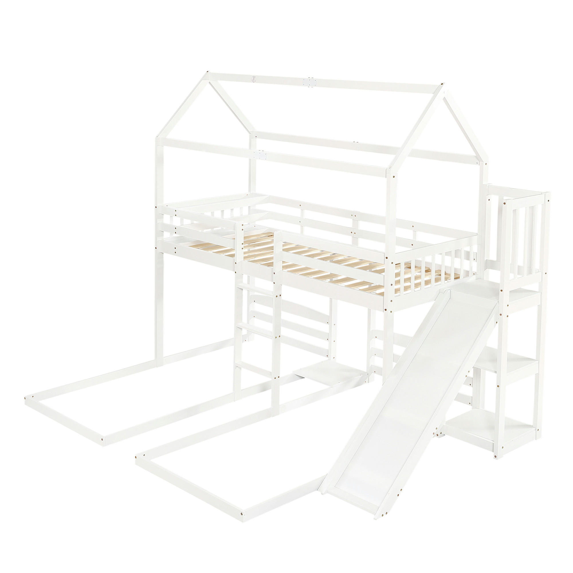ETAGENBETT 90/200 cm DE-02313, in Weiß, mit Rutsche, Dachdesign und 3 Schlafplätzen - Weiß, Holz/Holzwerkstoff (90/200cm) - ComfortXL