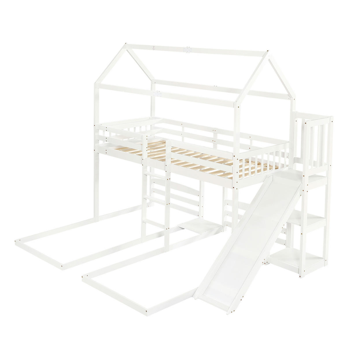 ETAGENBETT 90/200 cm mit Rutsche, Leiter, Dachdesign und 3 Schlafplätzen, Kiefer/MDF, Weiß - Weiß, Holz (90/200cm) - Redom