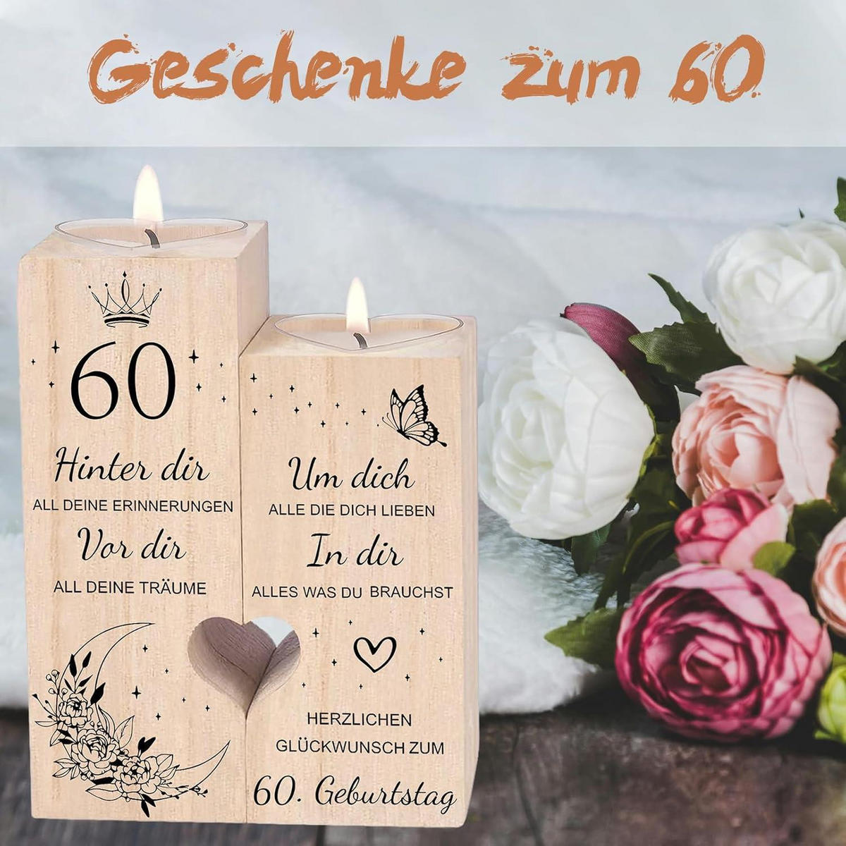 KERZENSTÄNDER 60. Geburtstag Holz 12 x 10 x 4.5 cm - Braun, Holz (5/13/10cm)