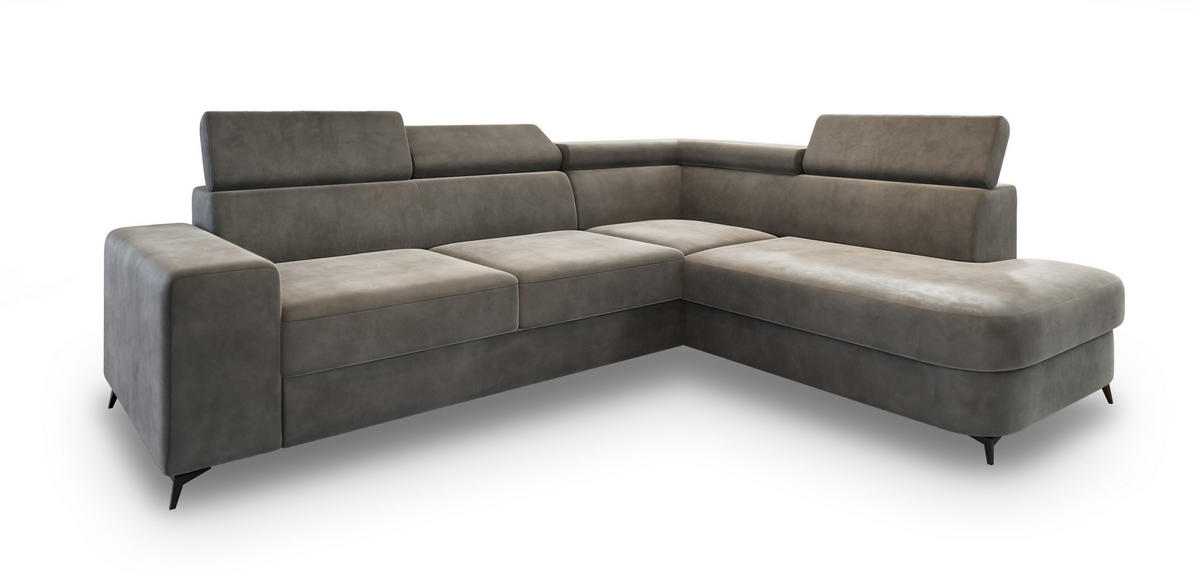 ECKSOFA ALVORO R-S Grau Velours-Stoff mit Schlaffunktion - Grau, Holz (253/190cm) - MASSENO