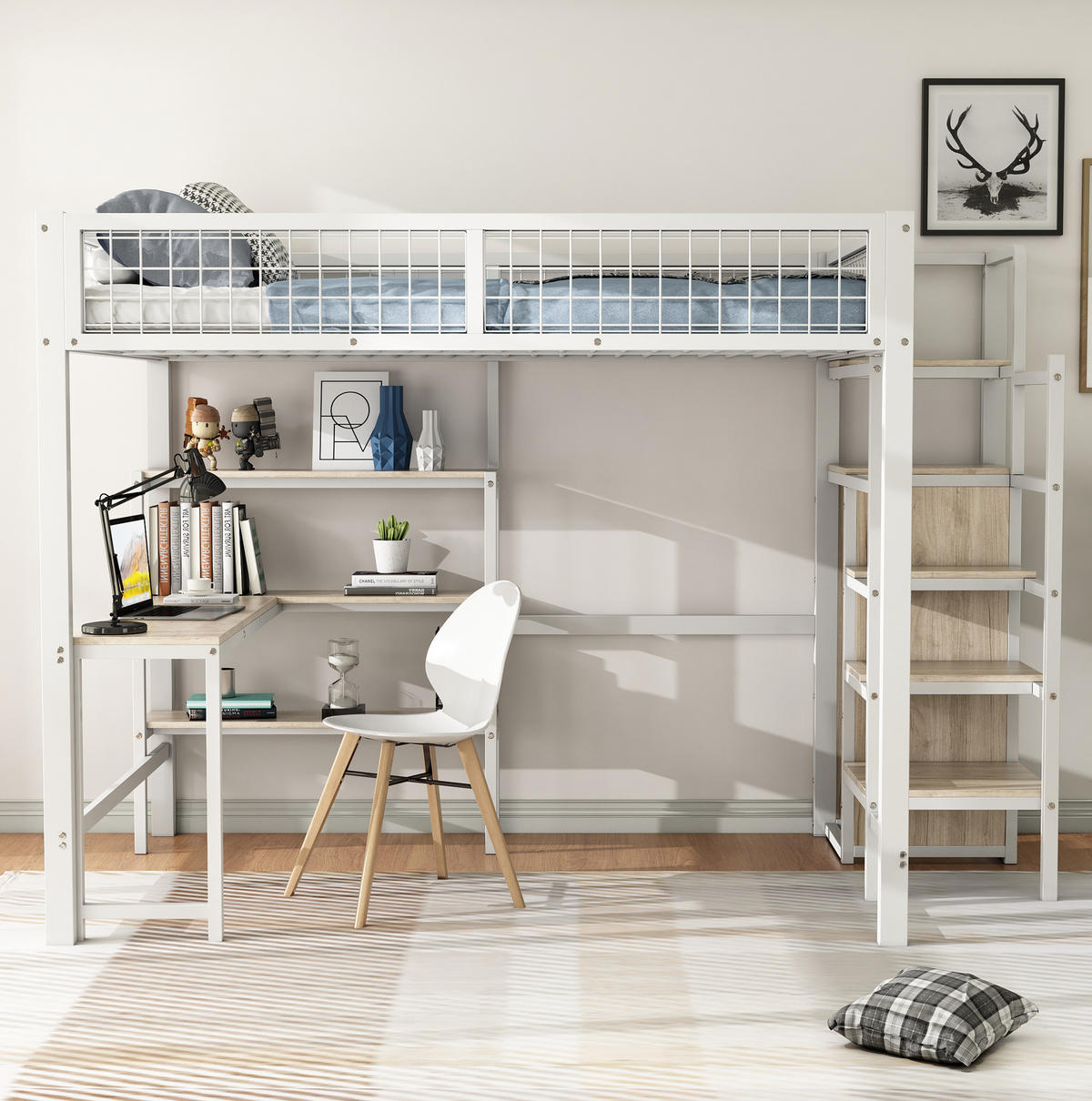 HOCHBETT 140/200 cm in Weiß mit Schreibtisch, Regalen und Kleiderschrank - Weiß, Metall (140/200cm) - Flora Grace