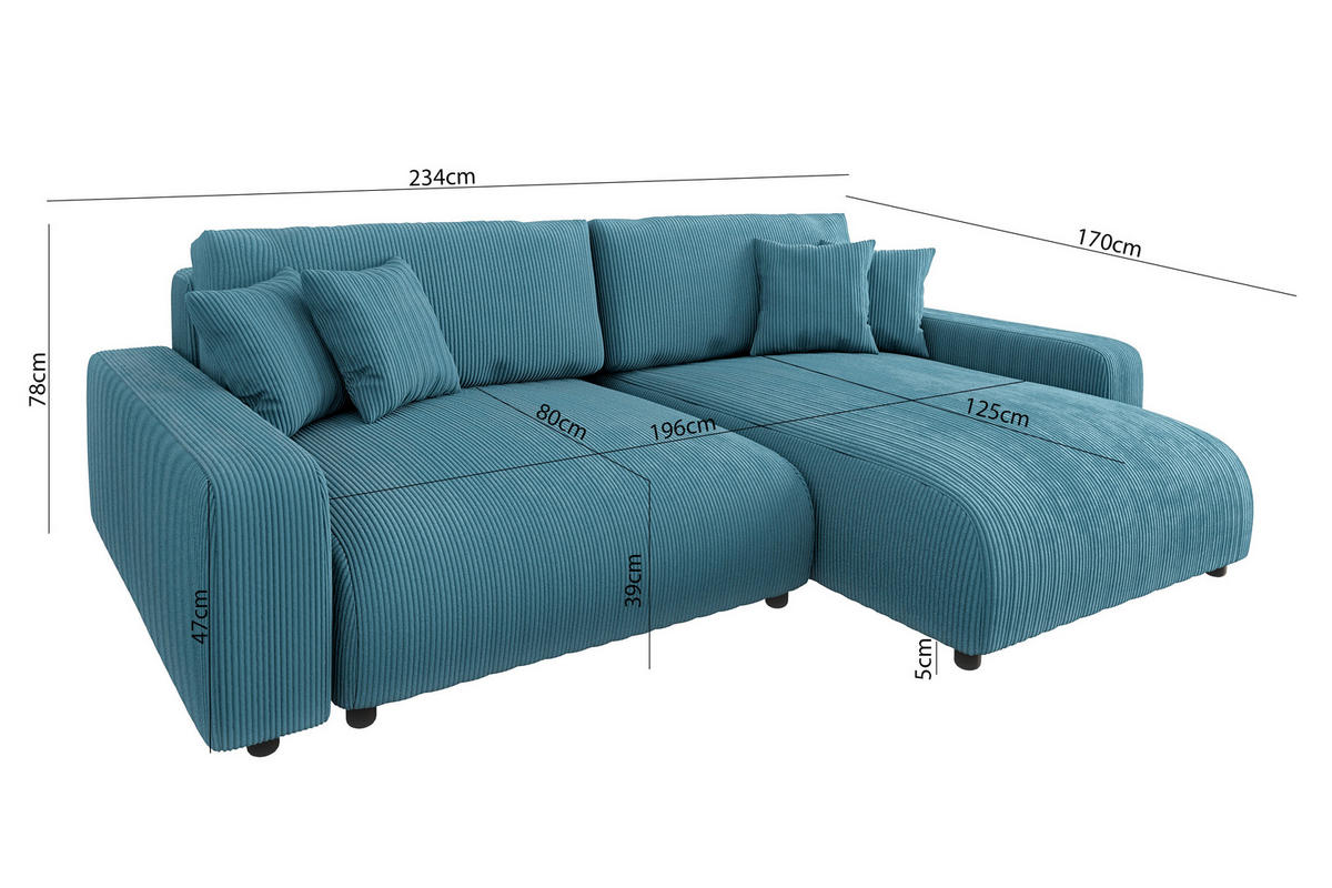 ECKSOFA Emma Türkis Cord - Ottomane rechts - Türkis, Textil (234/170cm) - S-Style Möbel