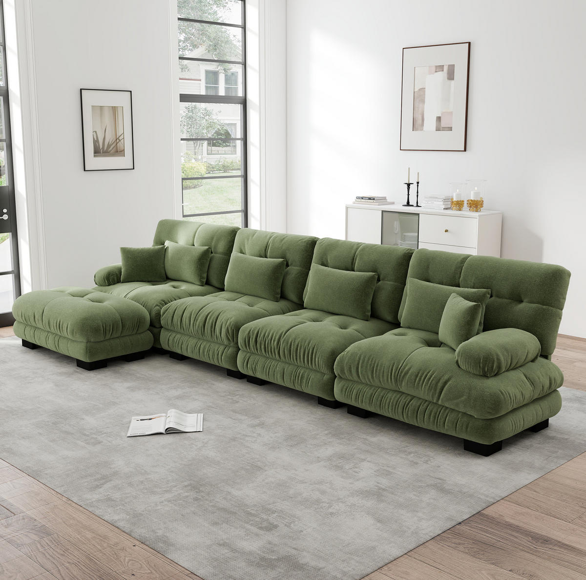 ECKSOFA 406/145/81 cm grün aus Chenille mit modularem Ottoman und Cloud-Komfort - Grün, Textil (145/406cm) - OKWISH