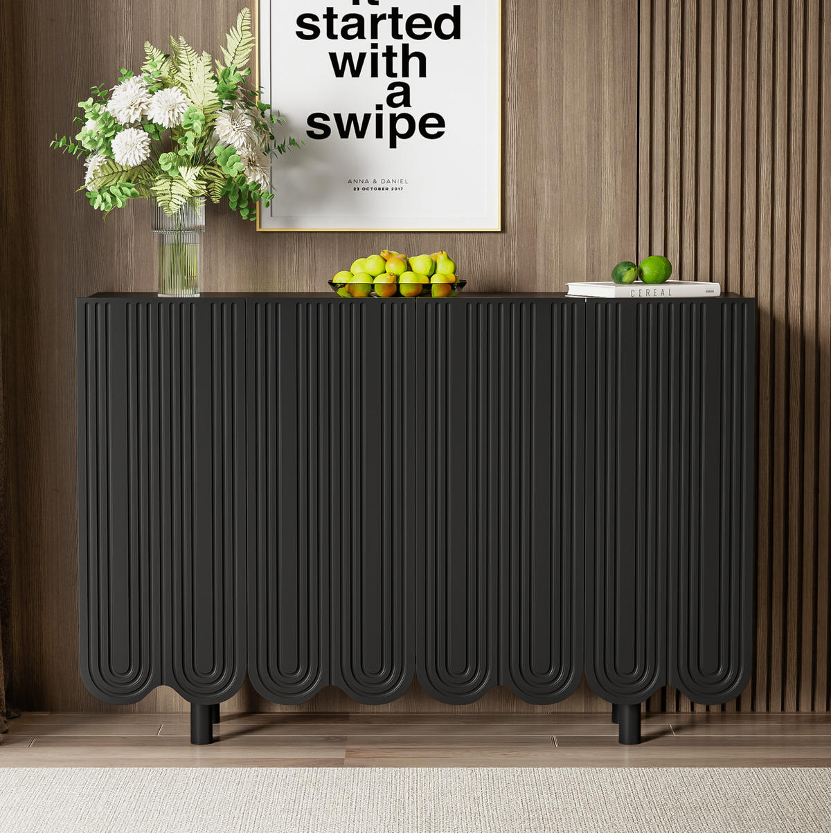 SIDEBOARD 4-türig aus MDF in Schwarz mit tropfenförmigen Schnitzereien und Soft-Close-Scharnieren, 120/37,5/80,8 cm, Schwarz - Schwarz, Holzwerkstoff (120/37.5/80.8cm) - Redom