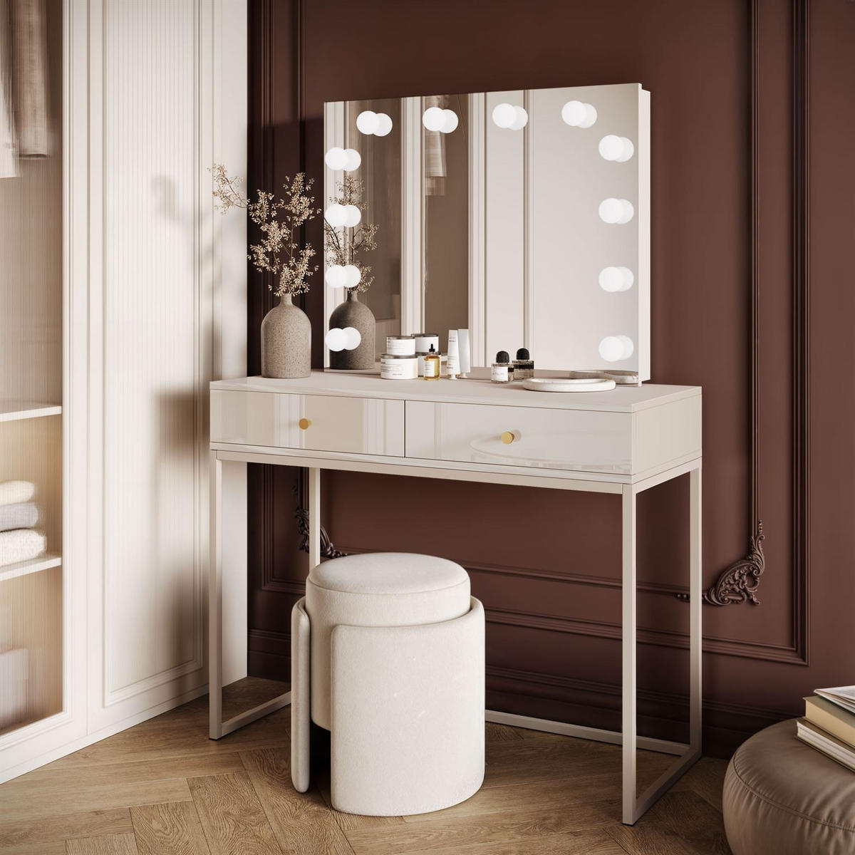 SCHMINKTISCH Blanco Kaschmir Elite mit Beleuchtung goldener Griff - Kaschmir, Holzwerkstoff (100/81/42cm) - Lookway