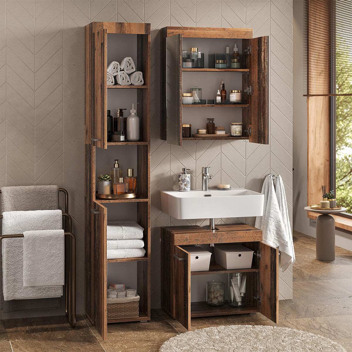 SADA KOUPELNOVÉHO NÁBYTKU Luna Oldstyle 3 díly, s vysokou jednotkou - hnědá, kompozitní dřevo (60/56/34cm) - Vicco