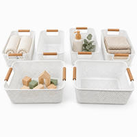FÖRVARINGSKORG Vit 6-pack plast trähandtag storlek M - Vit, Trä/Plast (19.5/32/16cm) - Relaxdays