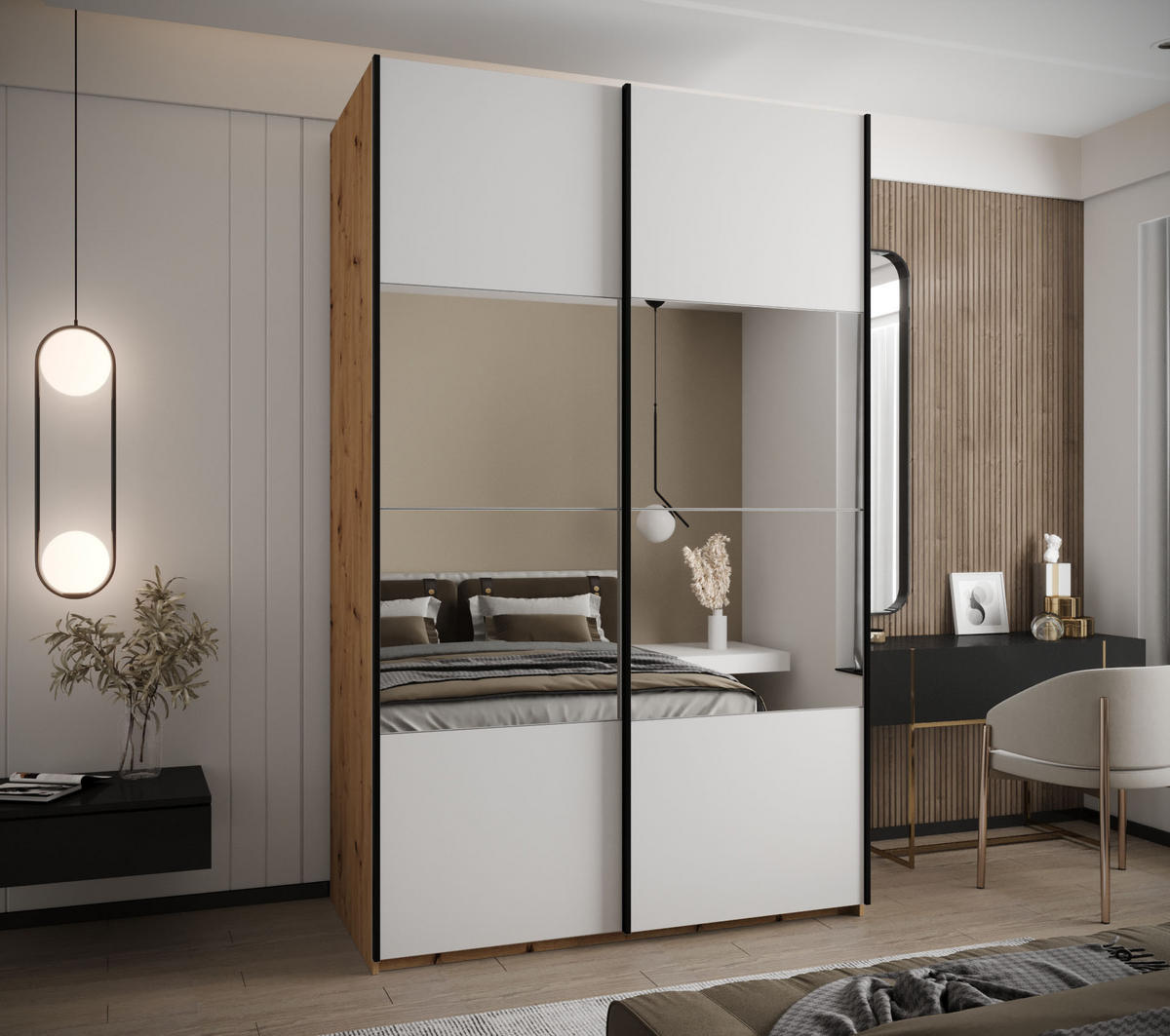 SCHWEBETÜRENSCHRANK 245,5/160/64 2-türig - Schwarz/Weiß, Holz/Metall (160/245/64cm) - Abiks Möbel