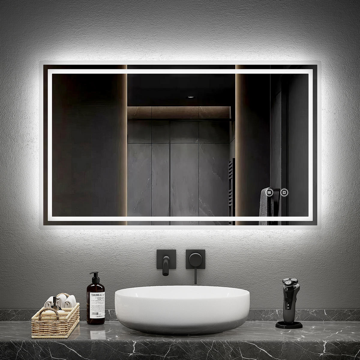 BADSPIEGEL mit Antibeschlag Beleuchtung Touch-Schalter 100/60/3,5 cm - Weiß, Glas (60/3.5/100cm) - EMKE