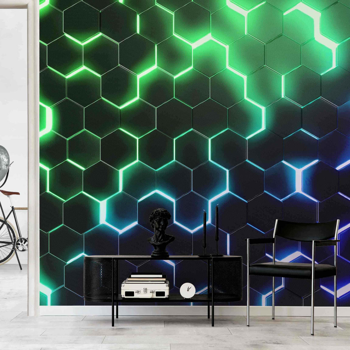 FOTOTAPETE Strukturierte Hexagone mit Neonlicht in Grün und Blau 288/288 cm - Schwarz, Papier (288/288cm) - Bilderwelten