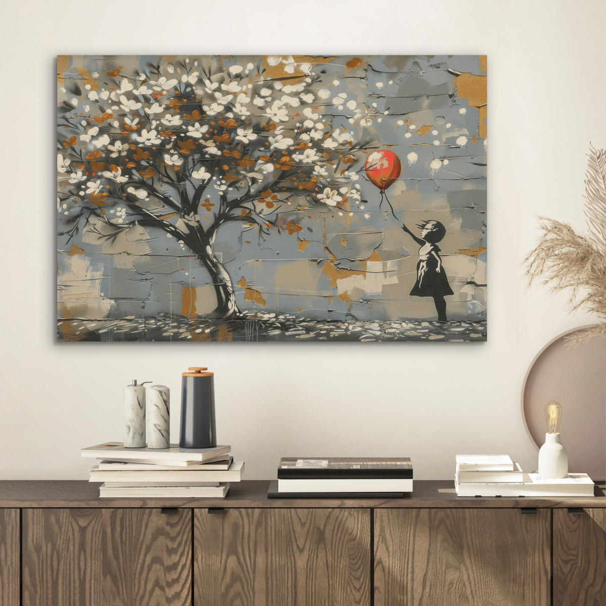 AKUSTIKBILD Baum - Graffiti - Banksy-Stil - Ballon-Mädchen Wanddeko 70x50 cm - Blaugrau, Kunststoff (70/50/0.9cm) - MuchoWow