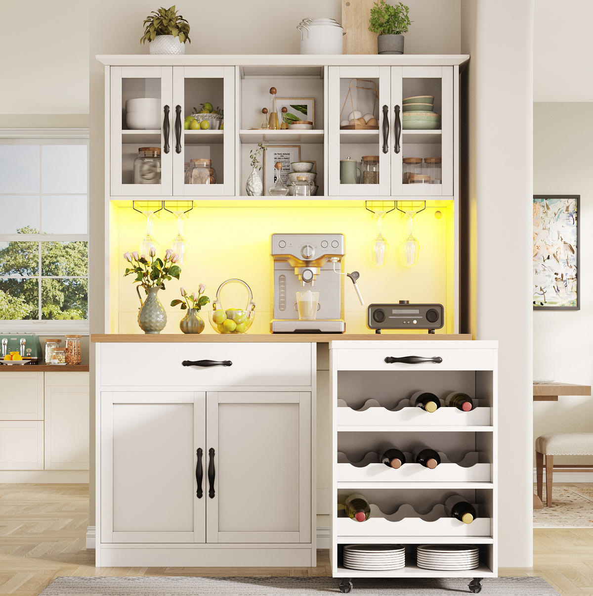 KÜCHENSCHRANK mit Rollwagen und LED 140 x 38 x 180 cm MDF Weiß - Weiß, Holzwerkstoff (38/180/140cm) - Meubliv