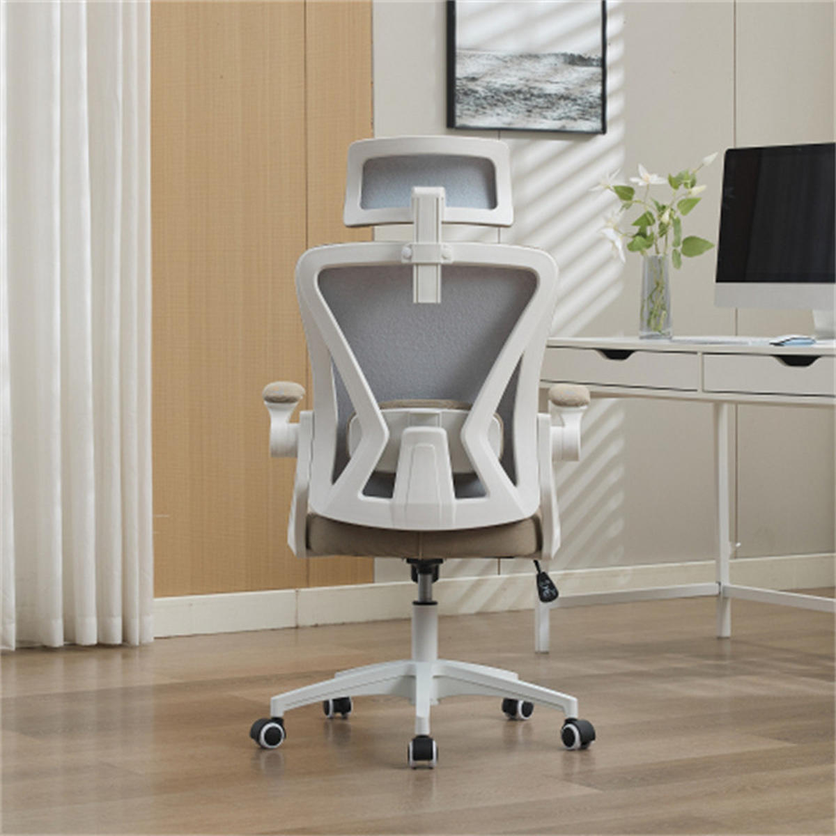 DREHSTUHL Ergonomisch Khaki, höhenverstellbar & drehbar, Metall-Stoff-Bezug, 58 x 65 x 108 cm - Hellbraun, Kunststoff (65/108/58cm) - Albatros