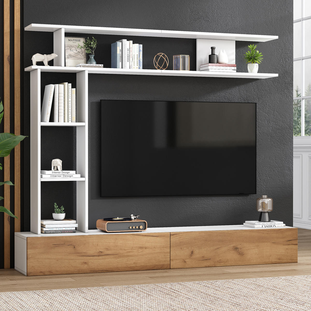 WOHNWAND Vitrine TV-Board Wandregal Weiß Holz 180cm - Multicolor, Holzwerkstoff (180/150/35cm) - FLIEKS