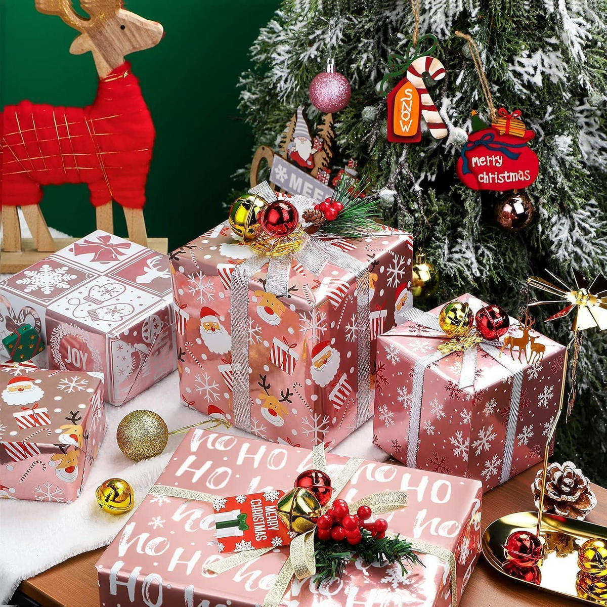 GESCHENKPAPIER 4 Rollen Roségold Weihnachtsmotive 76 cm x 305 cm - Multicolor, Papier (4/76/15cm)