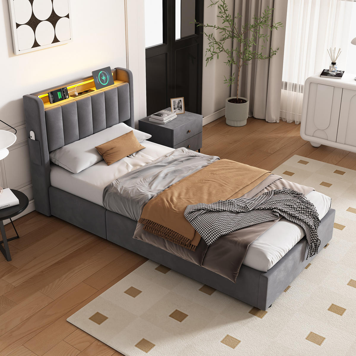 POLSTERBETT 90/200 cm Grau mit LED-Lichtleiste und USB-Anschlüssen - Grau, Holzwerkstoff (90/200cm) - OKWISH