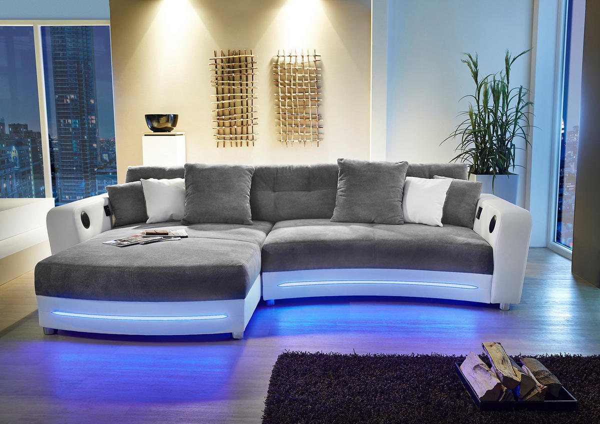 MULTIMEDIA-ECKSOFA Soundsystem RGB-LED Beleuchtung Bluetooth USB AUX-in, seitenverkehrt montierbar B322/T190/H88cm, Kunstleder Weiß-Mikrof.Grau/15410 - Chromfarben/Weiß, Textil/Metall (322/88/190cm) - luma-home