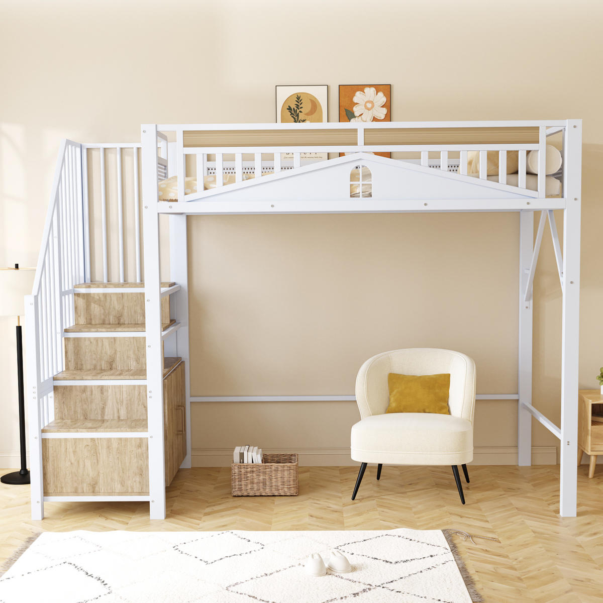 HOCHBETT 90/200 cm aus Metall und Holz mit Stauraumtreppe und Sicherheitszaun Weiß - Weiß, Metall (90/200cm) - Modenvie