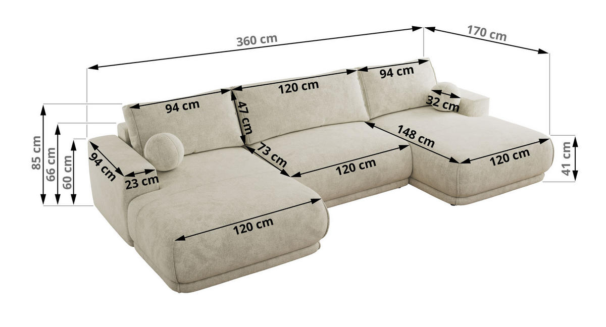SEDACIA SÚPRAVA RINA U Creme Hrubo tkaná ženilka - čierna/krémová, textil/plast (360/85/170cm) - MKS