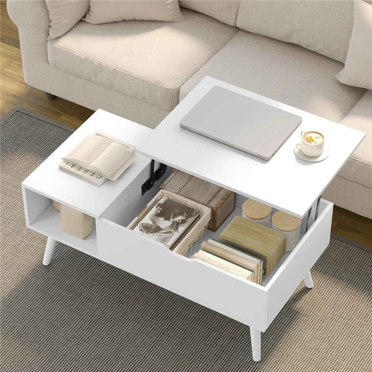 COUCHTISCH 100/50/43-57 cm höhenverstellbar Stauraum Weiß - Weiß, Holz (50/100/57cm) - Kaket