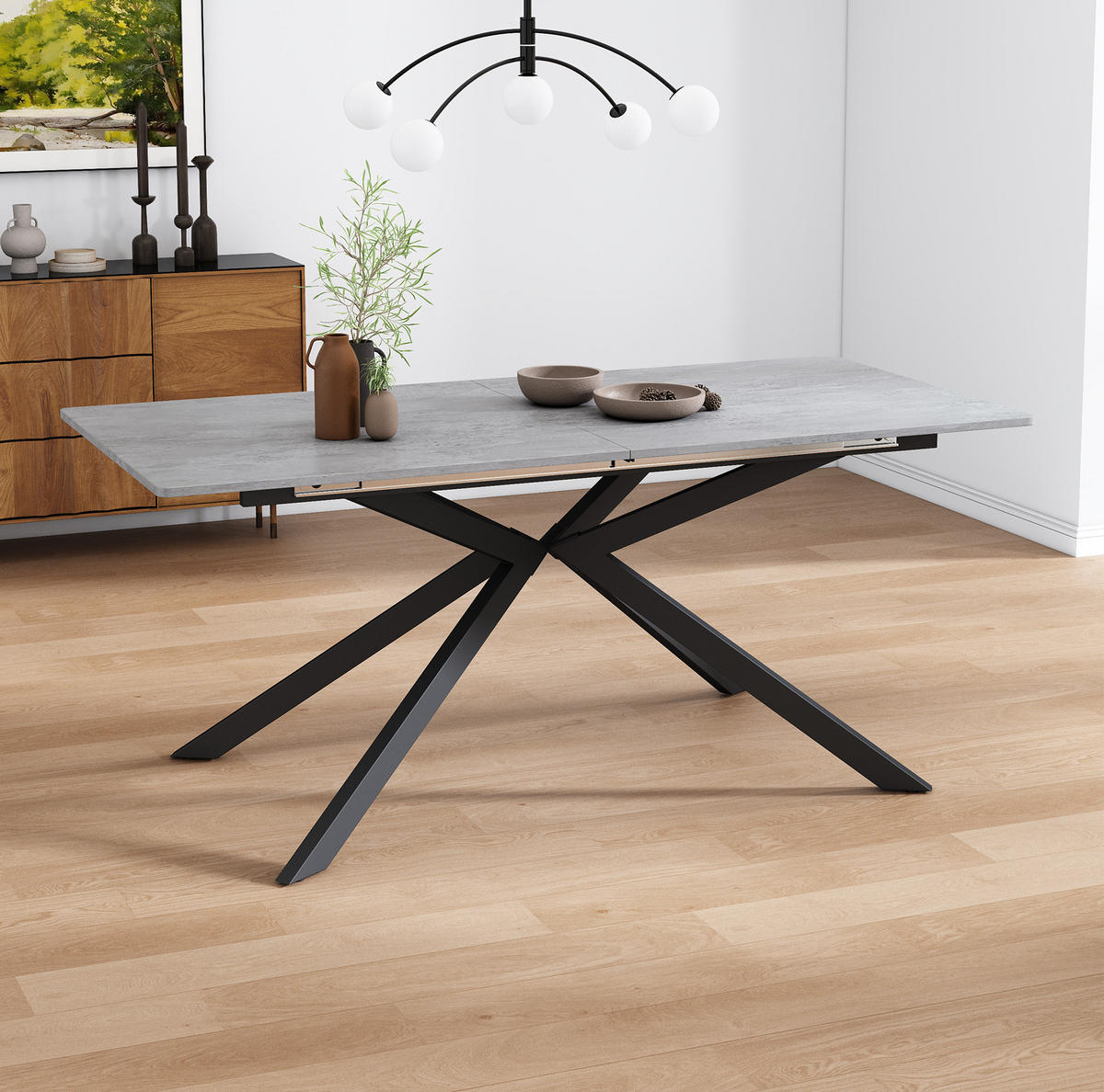 STŮL rozkládací, 150/180/70/76 cm, MDF, černá/šedá s dekorem betonu - šedá, kompozitní dřevo (180/70/75.5cm) - BEAOK