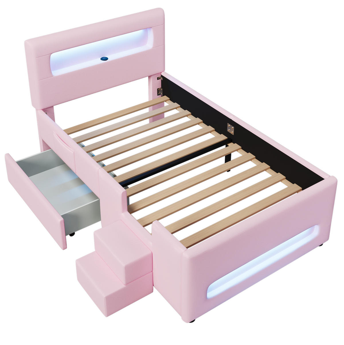 POLSTERBETT 90/200 cm mit Treppe, Schublade und LED-Beleuchtung, PU, Rosa - Rosa, Holzwerkstoff (90/200cm) - Redom