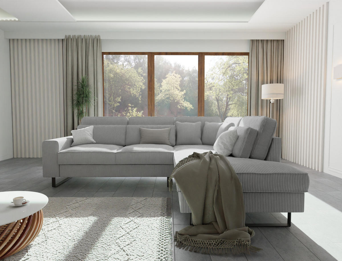 ECKSOFA Floe Hellgrau Cord - Hellgrau/Schwarz, Holz/Kunststoff (290/231cm) - S-Style Möbel