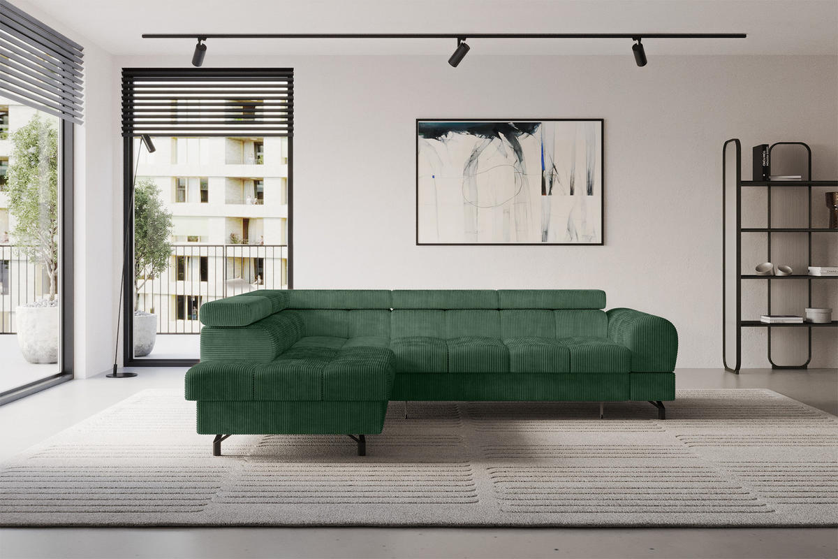 ECKSOFA mit Schlaffunktion Ottomane Links LUMA-L 272x203x70 Grün Cord - Waldgrün/Schwarz, Holzwerkstoff/Kunststoff (272/203cm) - ALTDECOR