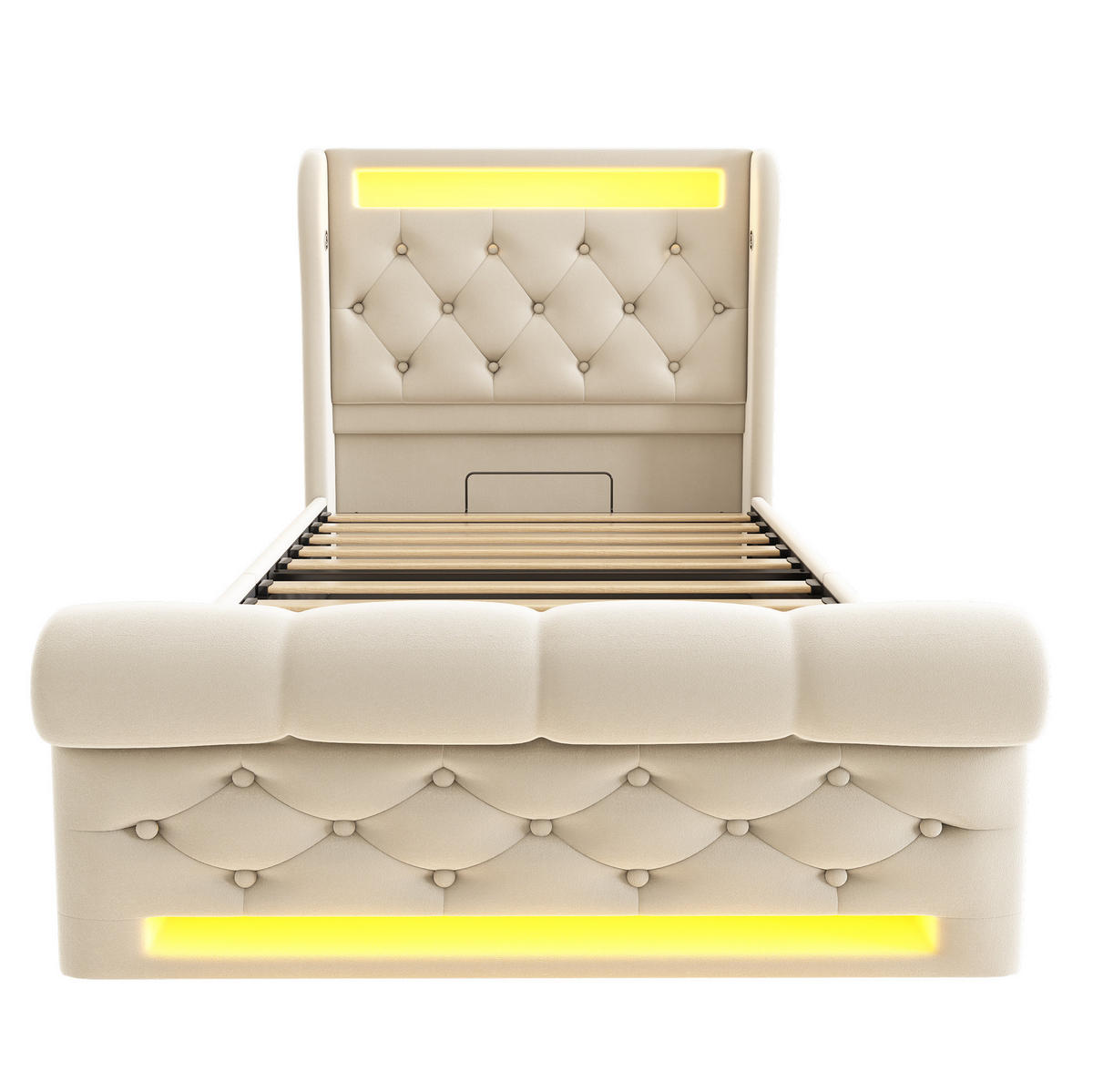 ČALÚNENÁ posteľ zo zamatu 90x200 cm béžová s LED osvetlením, USB a Type-C nabíjaním, hydraulickým úložným priestorom - béžová, textil (90/200cm) - Modfu