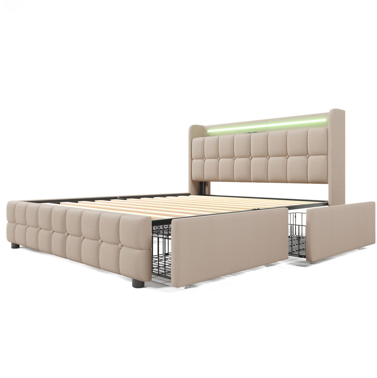 POLSTERBETT mit LED-Beleuchtung 180/200 cm mit USB und 4 Schubladen Beige - Beige, Holz (180/200cm) - BEAOK