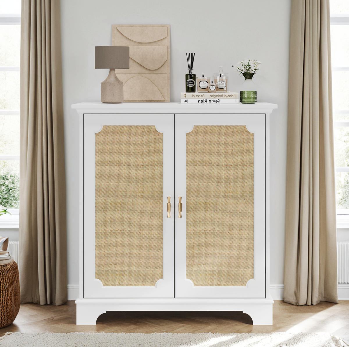 BADEZIMMERSCHRÄNKE 80x38x86 cm Weiß aus Rattan & Holzwerkstoff mit 2 Türen & Massivholzbeinen - Weiß, Holzwerkstoff (38/86/80cm) - Modfu